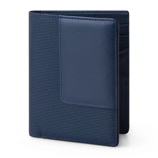 4CN02CJ Personalized Leather And Fabric 3-Fold Vertical Wallet - Leader T - Navy Blue